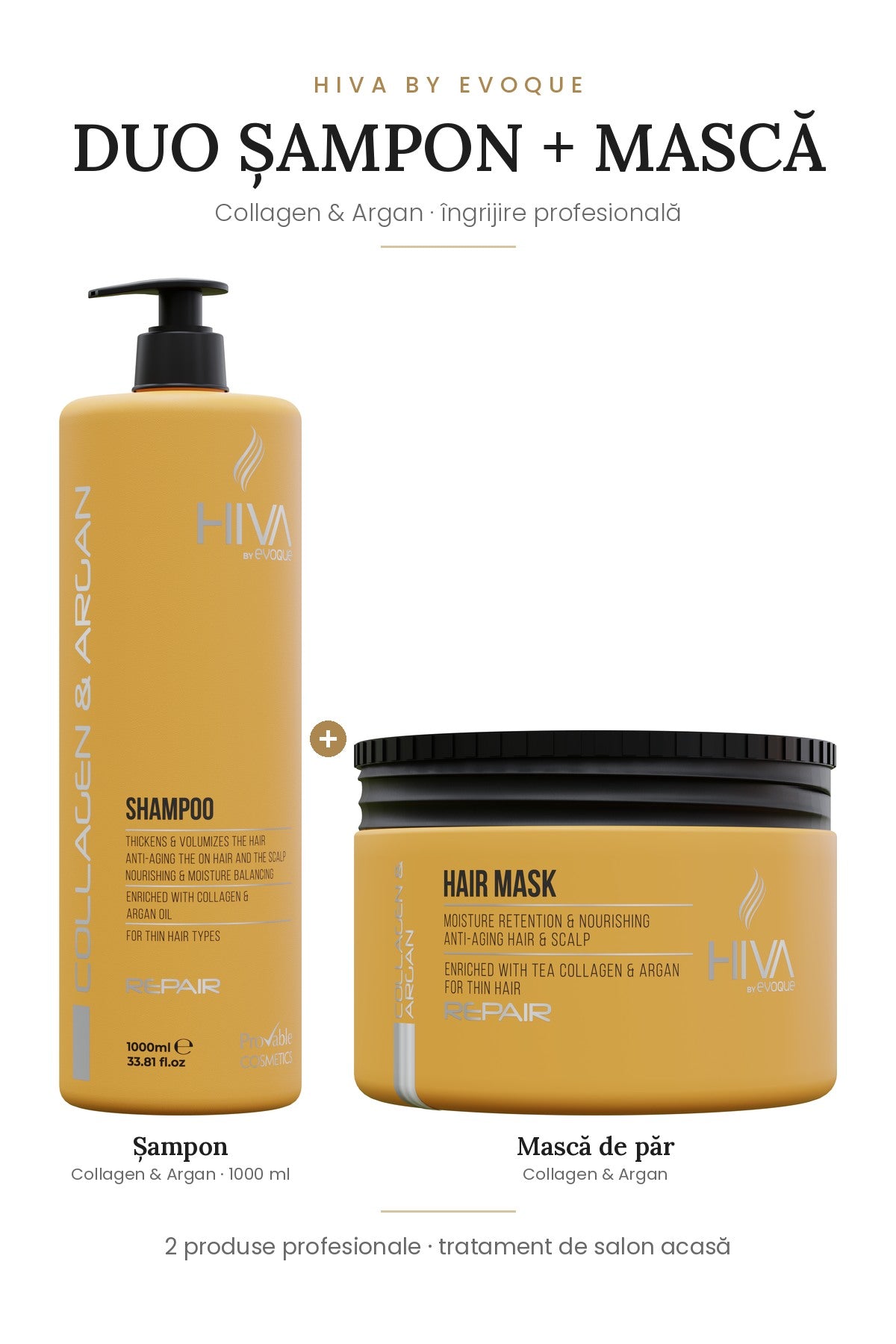 Duo HIVA Collagen & Argan – șampon 1000 ml + mască de păr