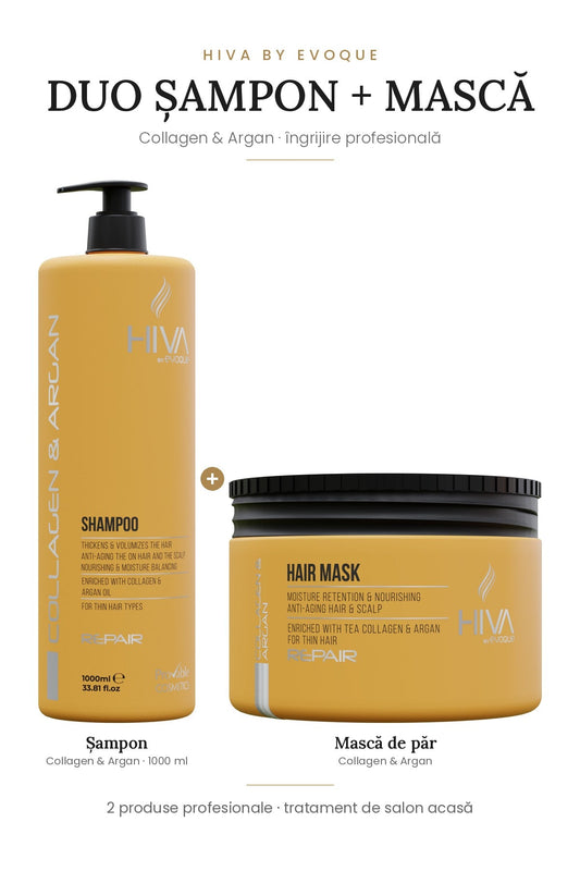 Duo HIVA Collagen & Argan – șampon 1000 ml + mască de păr