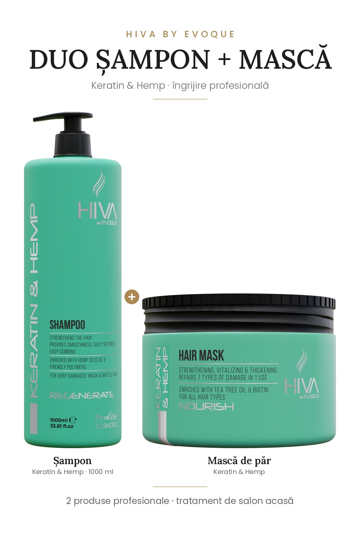 Duo HIVA Keratin & Hemp – șampon 1000 ml + mască de păr