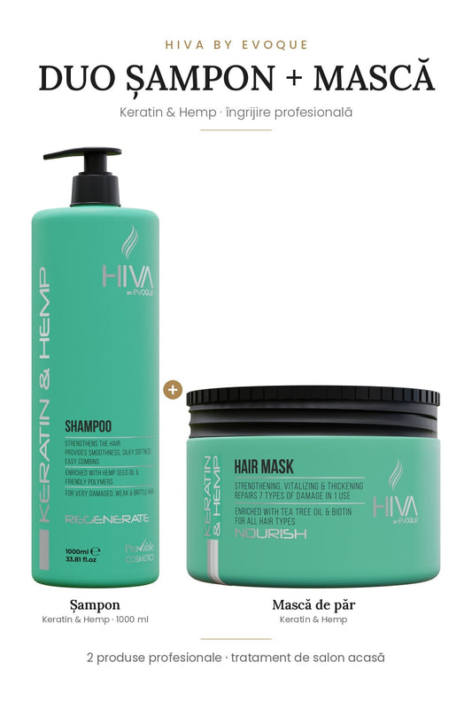 Duo HIVA Keratin & Hemp – șampon 1000 ml + mască de păr