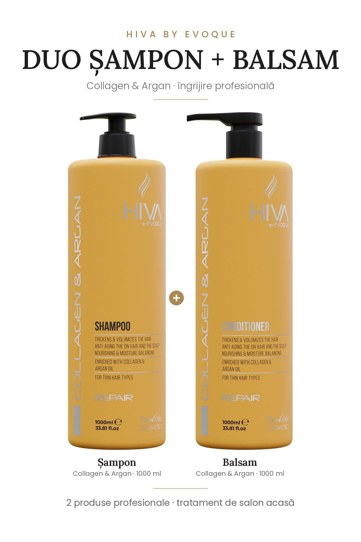 Duo HIVA Collagen & Argan – șampon 1000 ml + balsam 1000 ml