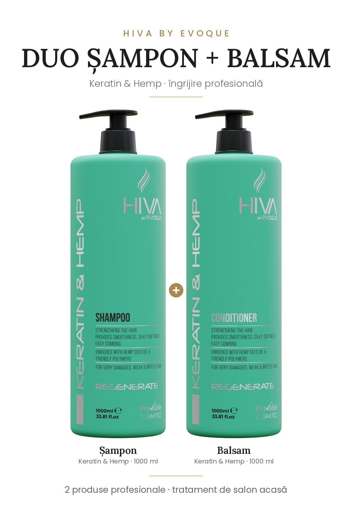 Duo HIVA Keratin & Hemp – șampon 1000 ml + balsam 1000 ml