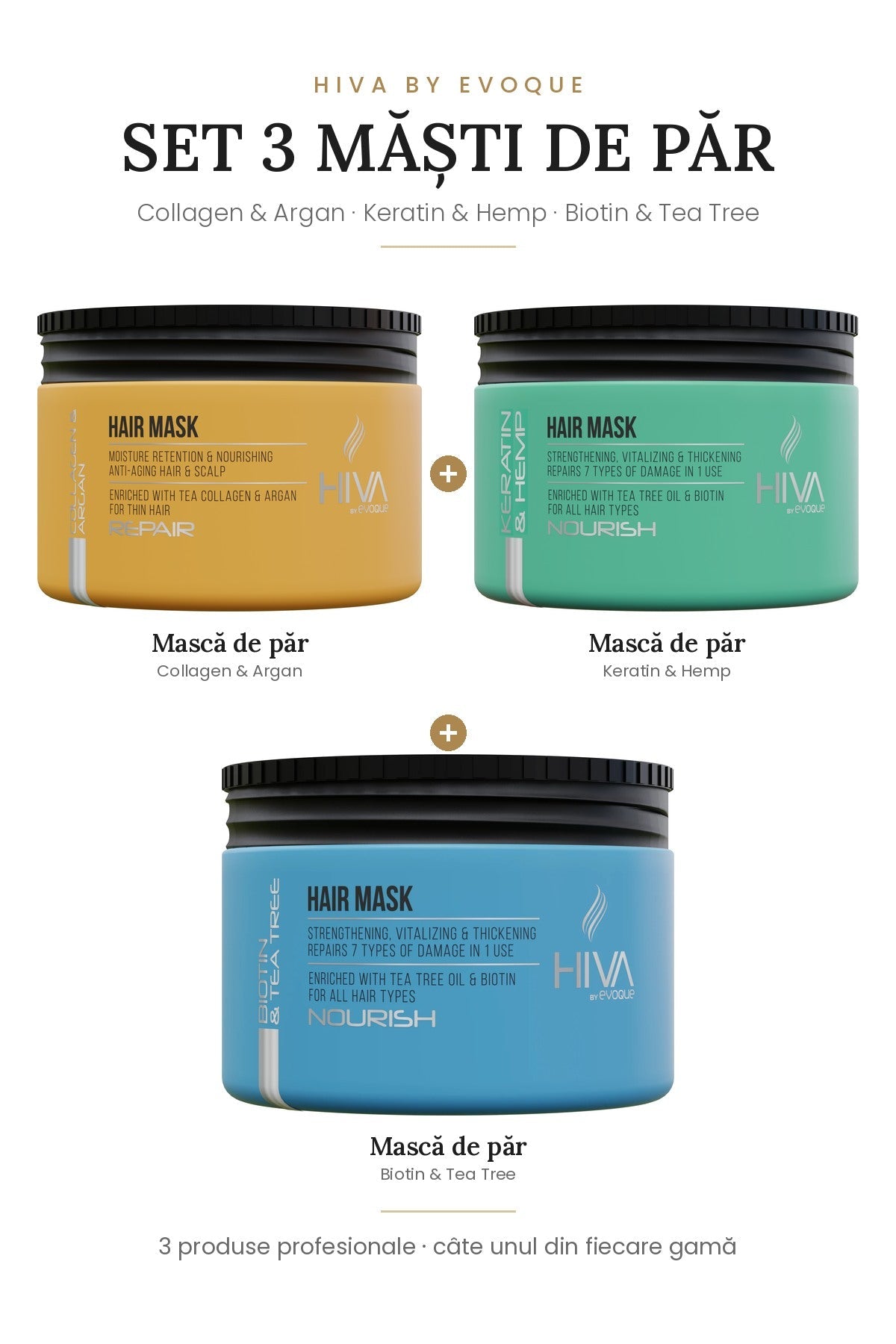 Set 3 măști de păr HIVA – Collagen & Argan, Keratin & Hemp, Biotin & Tea Tree