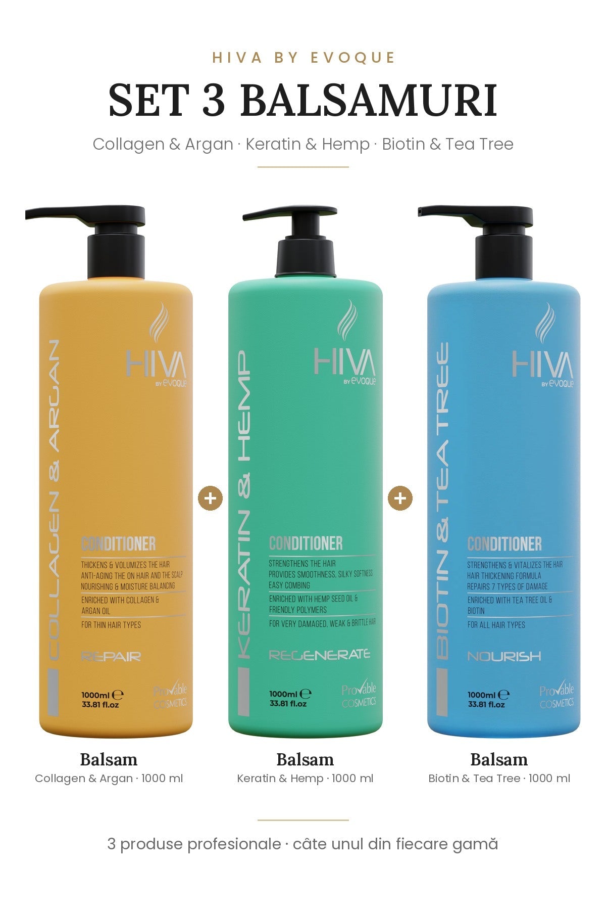 Set 3 balsamuri HIVA 3 × 1000 ml – Collagen & Argan, Keratin & Hemp, Biotin & Tea Tree