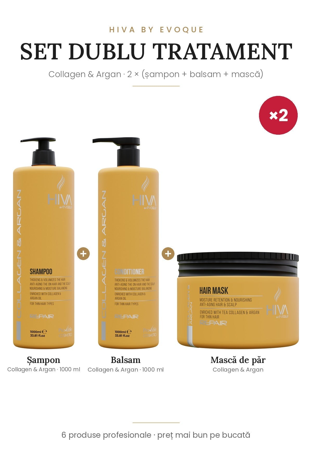Set dublu HIVA Collagen & Argan – 2 × (șampon 1000 ml + balsam 1000 ml + mască), 6 produse
