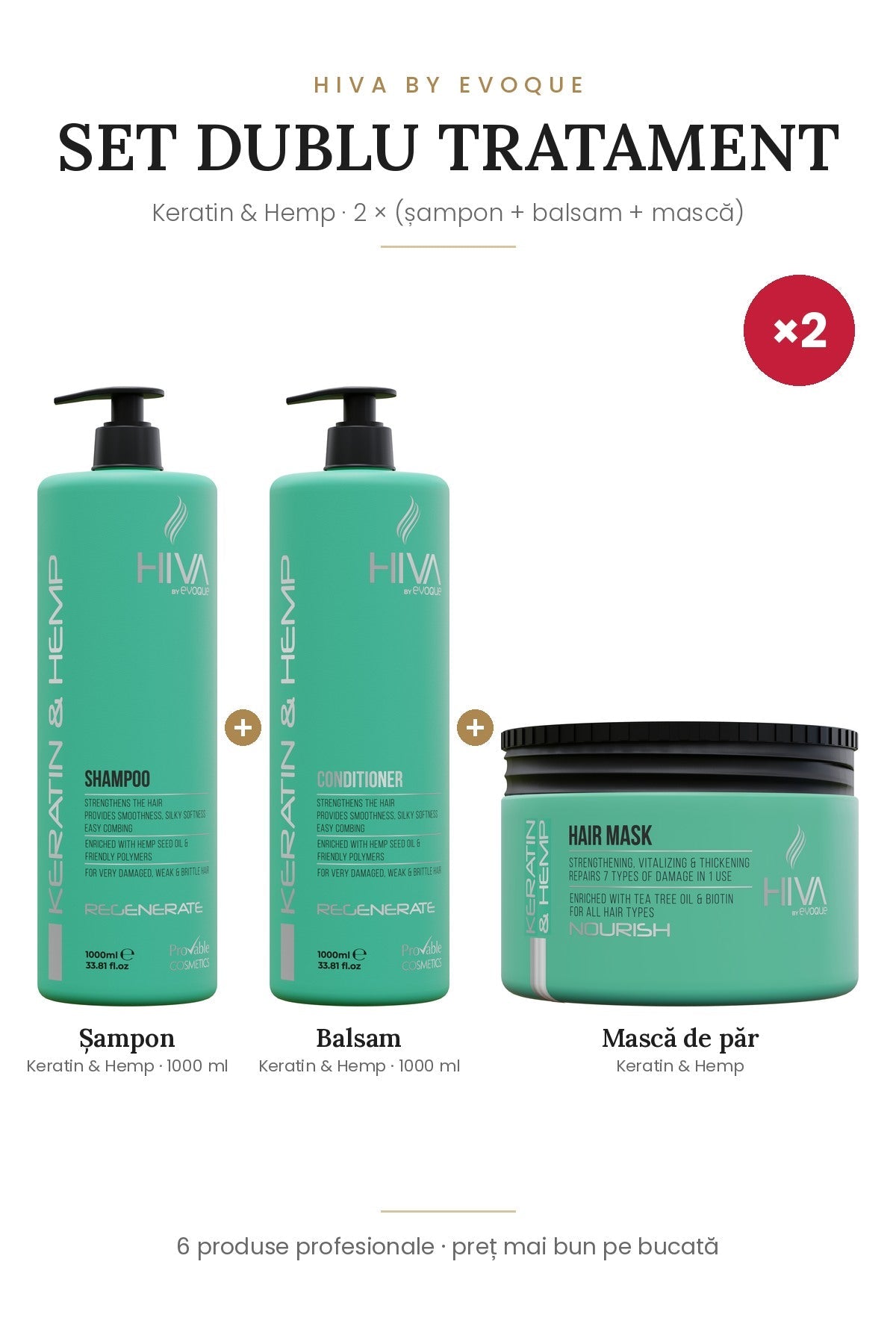 Set dublu HIVA Keratin & Hemp – 2 × (șampon 1000 ml + balsam 1000 ml + mască), 6 produse