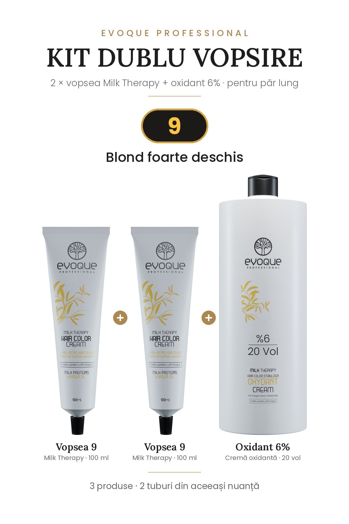 Kit dublu vopsire – 2 × vopsea Evoque Milk Therapy 100 ml + oxidant 6%, pentru păr lung