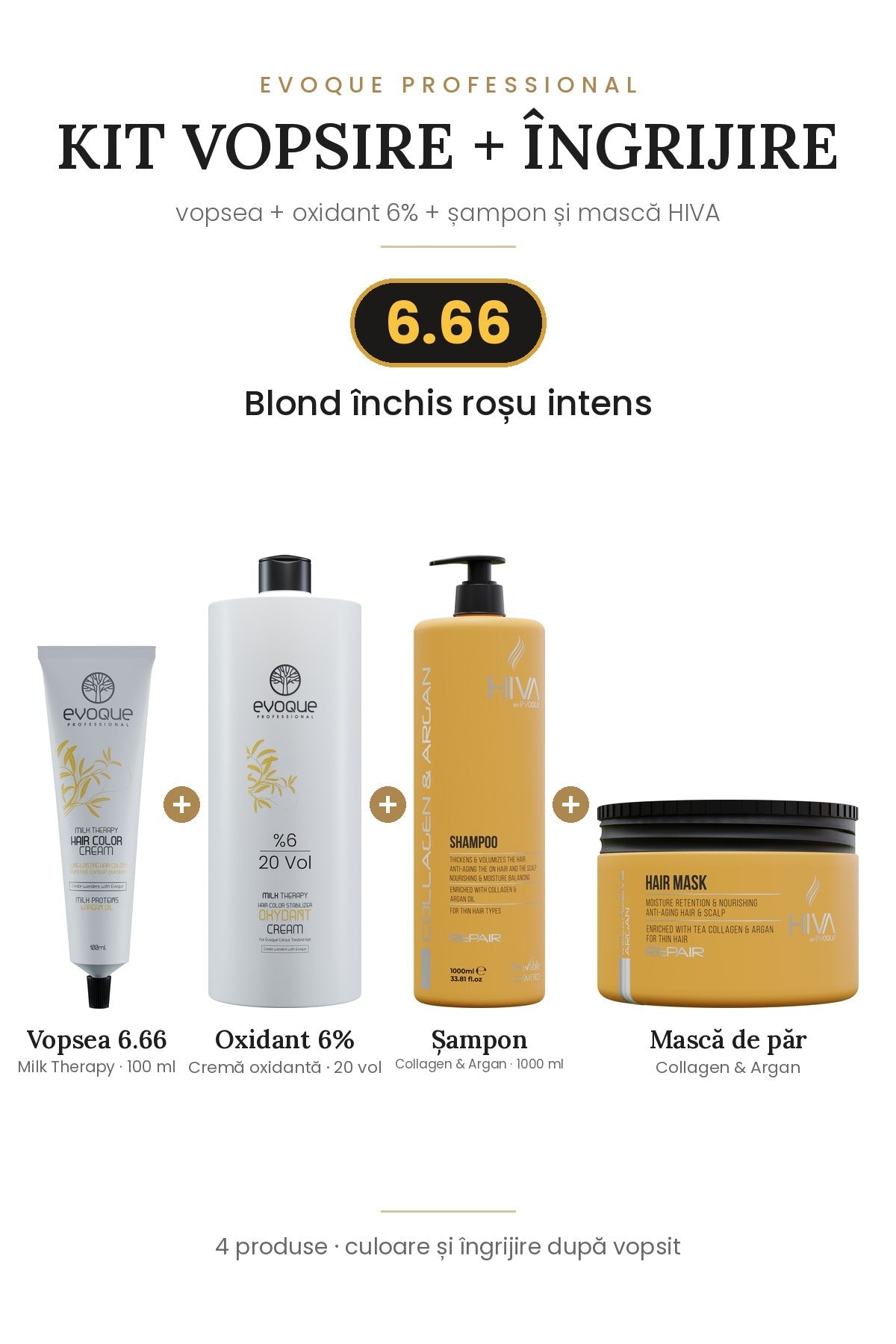 Kit vopsire + îngrijire – vopsea Evoque, oxidant 6%, șampon HIVA 1000 ml + mască