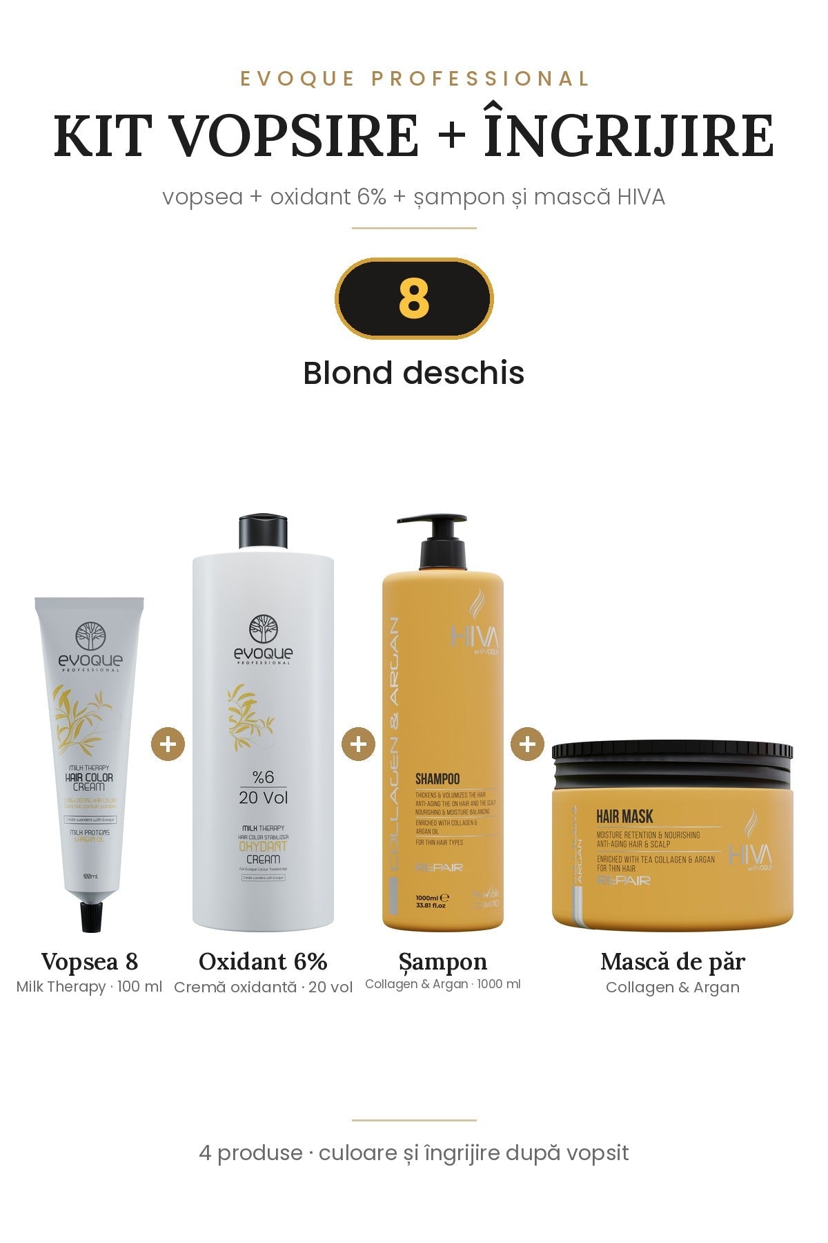 Kit vopsire + îngrijire – vopsea Evoque, oxidant 6%, șampon HIVA 1000 ml + mască