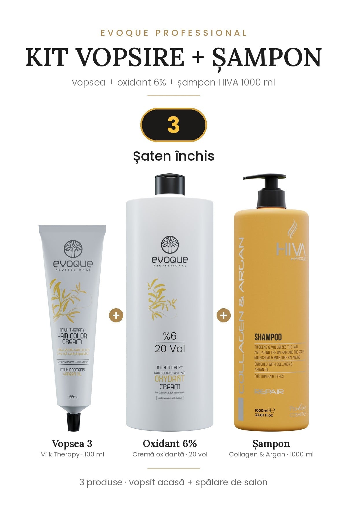 Kit vopsire + șampon – vopsea Evoque, oxidant 6% + șampon HIVA 1000 ml