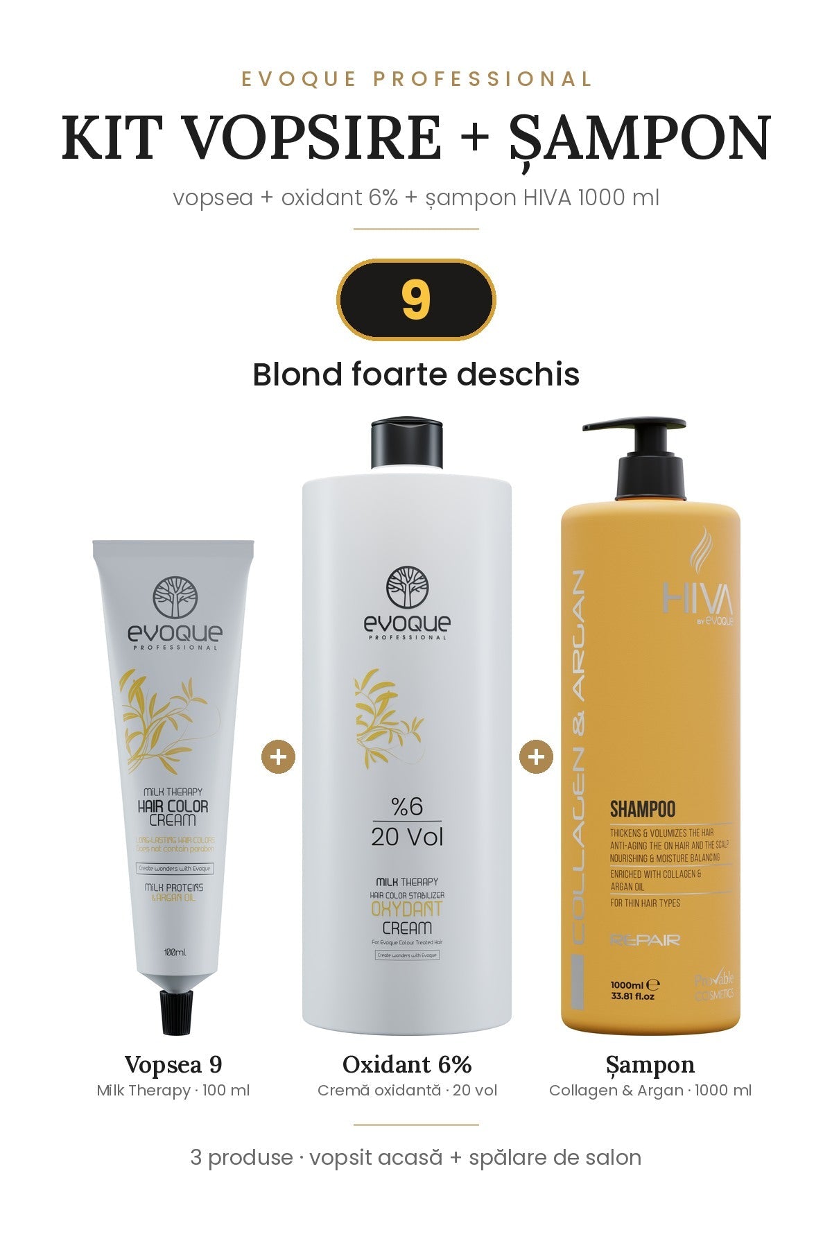 Kit vopsire + șampon – vopsea Evoque, oxidant 6% + șampon HIVA 1000 ml