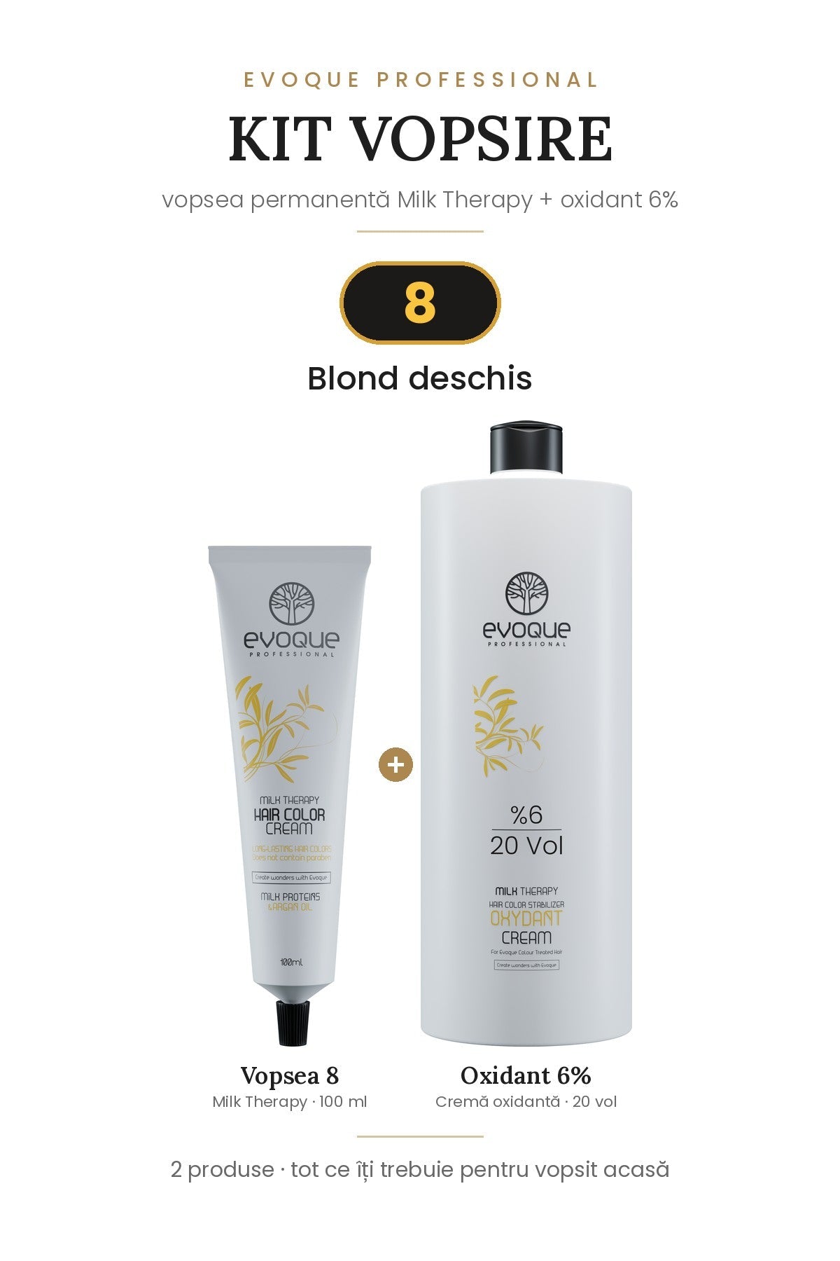 Kit vopsire Evoque Milk Therapy – vopsea 100 ml + oxidant 6% (20 vol)